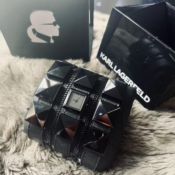 Karl Lagerfeld Studded Black Leather Watch - Picture 1 of 3